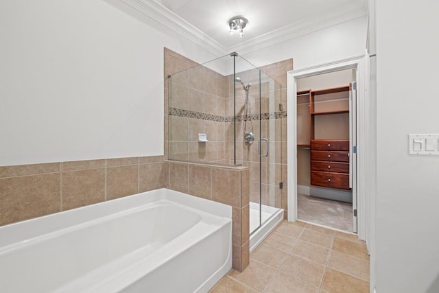 bathroom featuring crown molding, tile patterned floors, and shower with separate bathtub