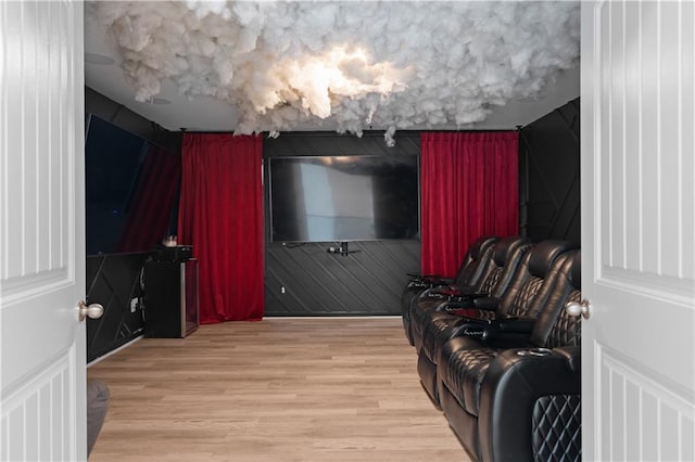 home theater room featuring light hardwood / wood-style flooring