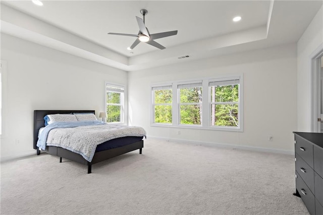 bedroom featuring baseboards, a raised ceiling, and light carpet