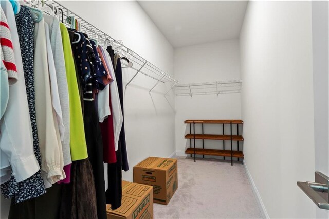 walk in closet featuring light colored carpet