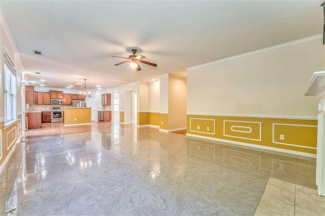 unfurnished living room featuring visible vents, marble finish floor, a ceiling fan, and ornamental molding