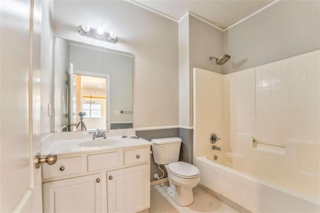 full bath with tile patterned flooring, toilet, vanity, and bathtub / shower combination