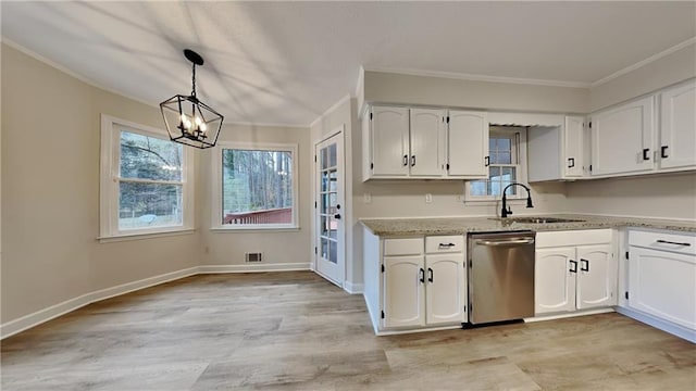 kitchen with a sink, white cabinetry, baseboards, dishwasher, and crown molding