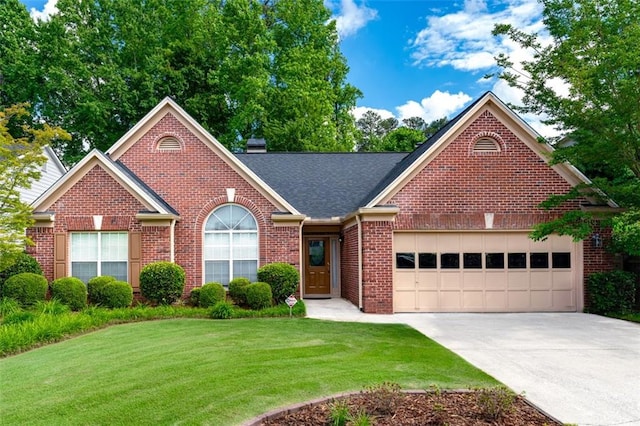 view of front of property featuring brick siding, a garage, concrete driveway, and a front yard
