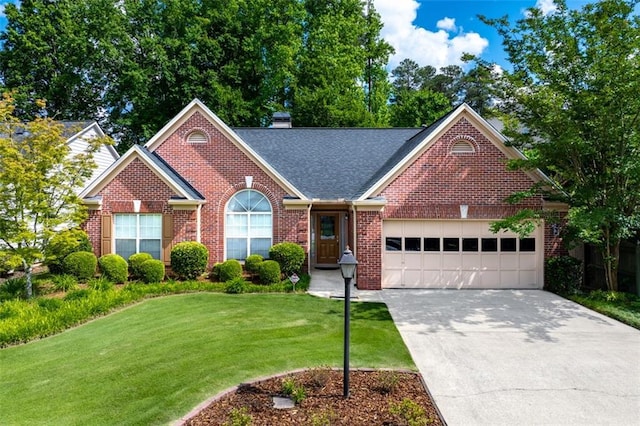 view of front of house featuring a garage, brick siding, concrete driveway, a front yard, and a shingled roof