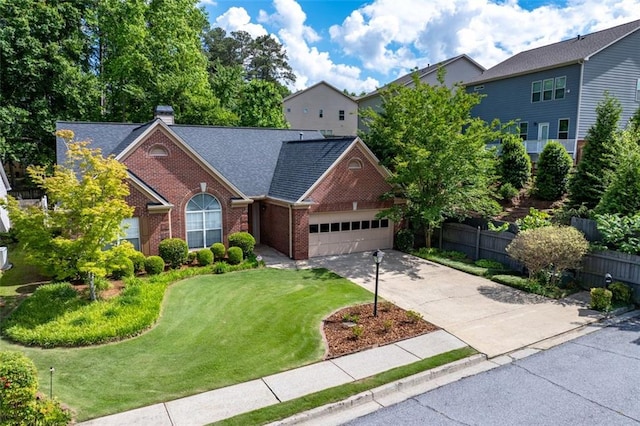 view of front of home featuring a garage, brick siding, concrete driveway, a chimney, and roof with shingles