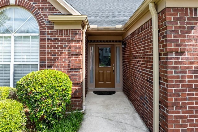 view of exterior entry featuring roof with shingles and brick siding