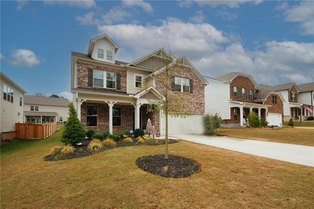 view of front of house featuring a garage, a porch, and a front lawn