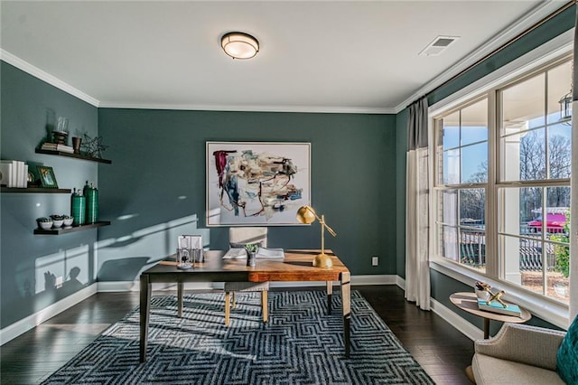 office space with crown molding and dark hardwood / wood-style flooring