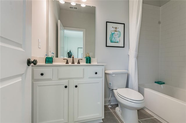 full bathroom with vanity, tile flooring, toilet, and shower / bathtub combination with curtain