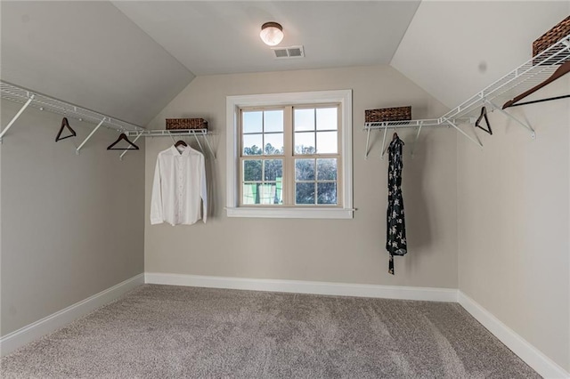 spacious closet featuring vaulted ceiling and carpet flooring