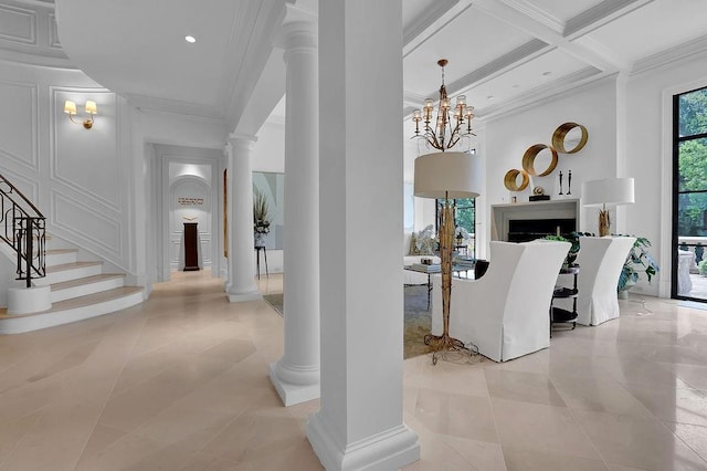 tiled dining area featuring coffered ceiling, beam ceiling, ornate columns, and an inviting chandelier