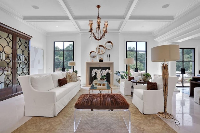 tiled living room featuring coffered ceiling, a notable chandelier, crown molding, and beam ceiling