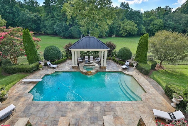 view of swimming pool featuring a gazebo, a lawn, a diving board, and a patio