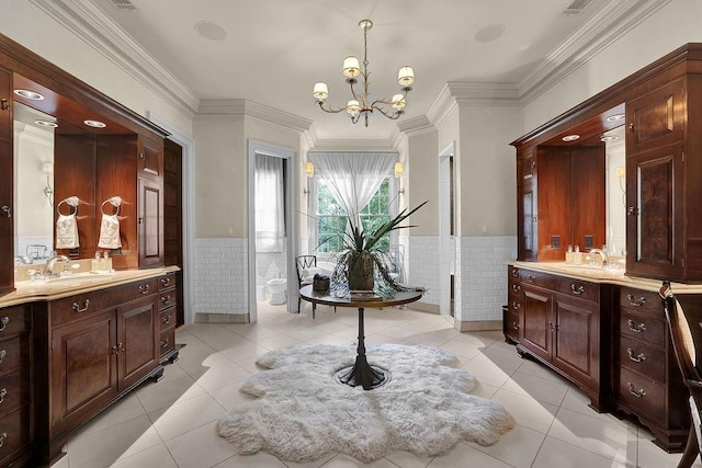 bathroom with dual bowl vanity, tile floors, and a notable chandelier