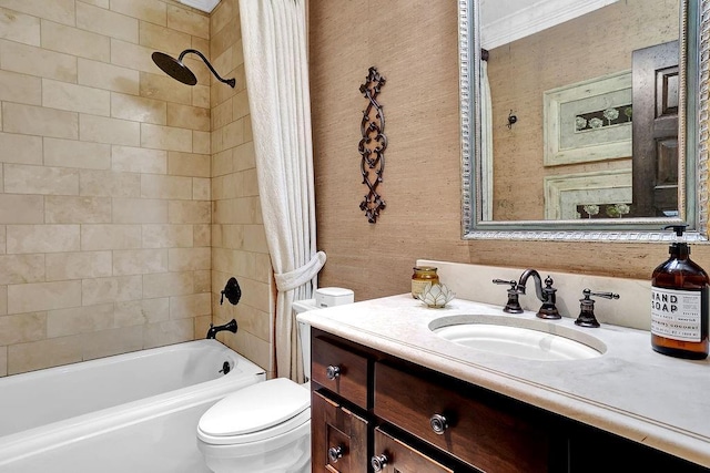 full bathroom featuring toilet, ornamental molding, shower / tub combo with curtain, and large vanity