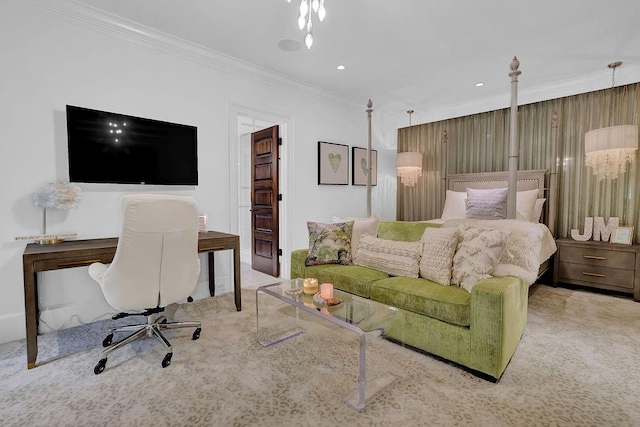 bedroom featuring crown molding and light colored carpet