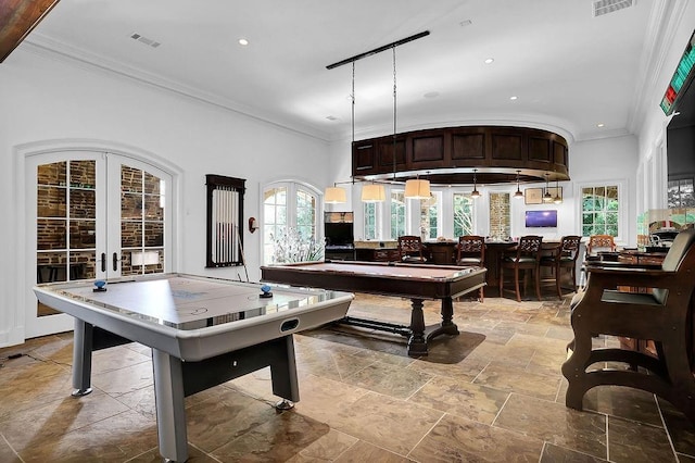 rec room with billiards, crown molding, french doors, and light tile flooring