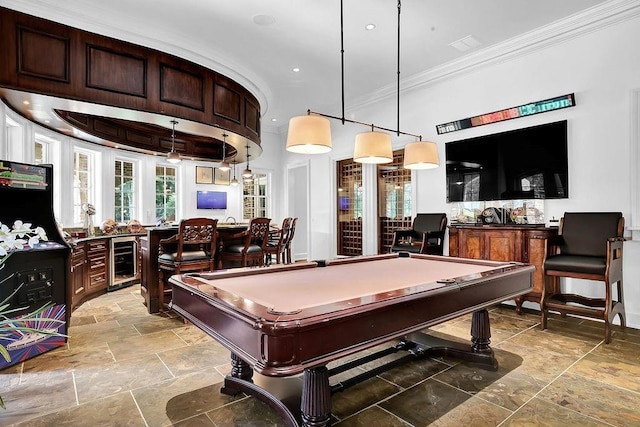 recreation room with light tile floors, beverage cooler, billiards, and ornamental molding