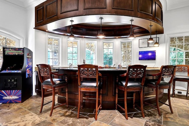 bar featuring tile floors, dark brown cabinets, crown molding, and a wealth of natural light