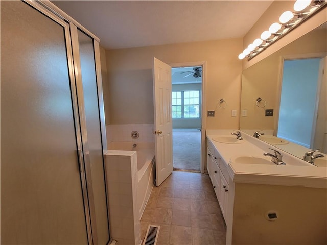180 Preston Oaks Dr, Johns Creek, GA 30022 - bathroom with a bath, double vanity, a ceiling fan, a stall shower, and tile patterned flooring