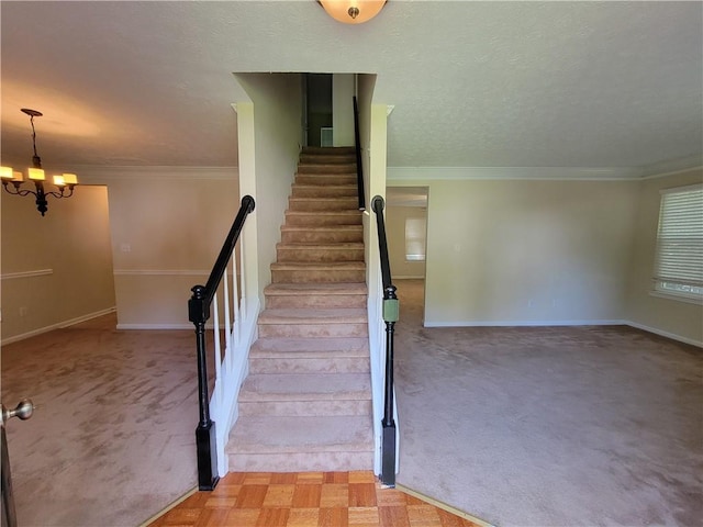180 Preston Oaks Dr, Johns Creek, GA 30022 - staircase featuring carpet floors, a chandelier, and crown molding