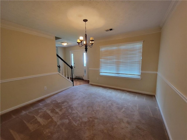 180 Preston Oaks Dr, Johns Creek, GA 30022 - carpeted empty room with a chandelier, crown molding, stairway, plenty of natural light, and a textured ceiling