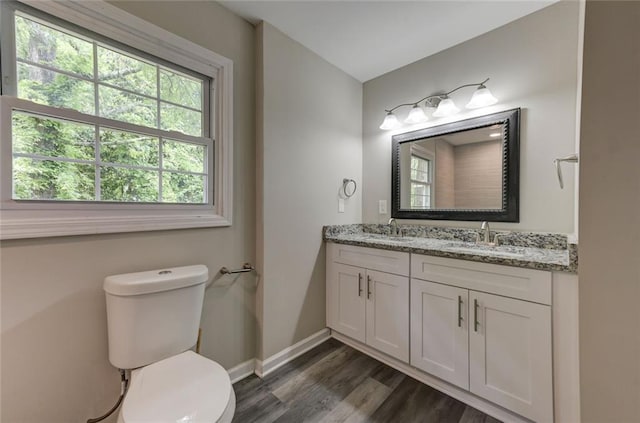 bathroom with toilet, wood finished floors, baseboards, and double vanity