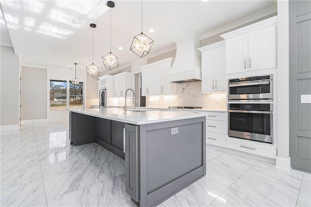 kitchen with double oven, marble finish floor, backsplash, stovetop, and custom range hood