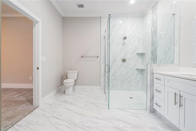 full bathroom featuring toilet, visible vents, marble finish floor, ornamental molding, and a marble finish shower