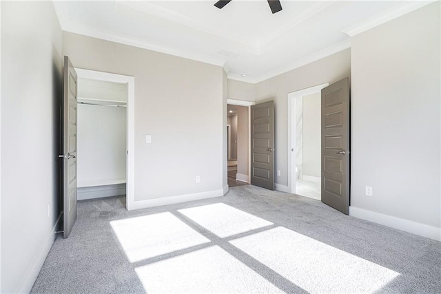 unfurnished bedroom with carpet, crown molding, a raised ceiling, a spacious closet, and baseboards