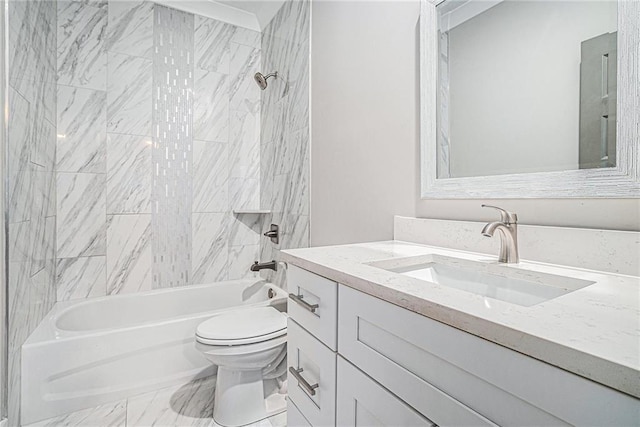 full bathroom with toilet, marble finish floor, vanity, and bathing tub / shower combination