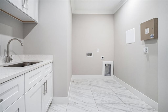 clothes washing area with marble finish floor, crown molding, cabinet space, a sink, and electric dryer hookup