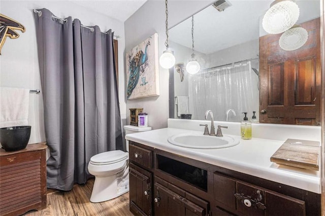 6230 S Summers Cir S, Douglasville, GA 30135 - bathroom with vanity, toilet, wood finished floors, and a shower with curtain