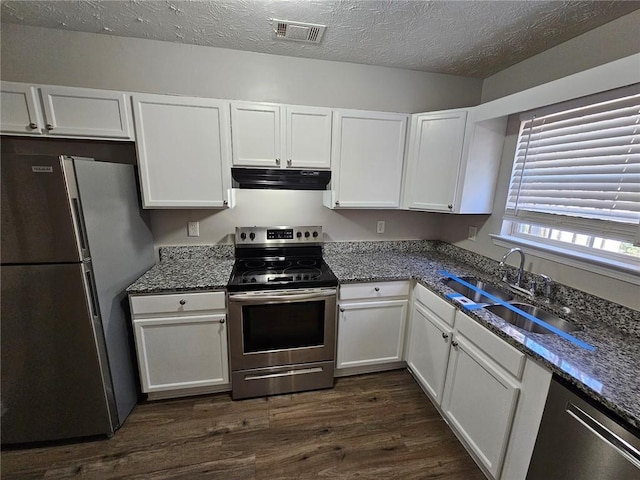 6500 Wellington Chase Ct, Lithonia, GA 30058 - kitchen with visible vents, a sink, white cabinets, under cabinet range hood, and appliances with stainless steel finishes