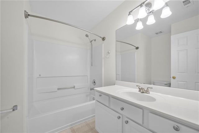 full bath with visible vents, toilet, tub / shower combination, and vanity