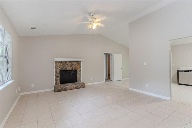 unfurnished living room featuring light tile patterned flooring, ceiling fan, visible vents, and lofted ceiling