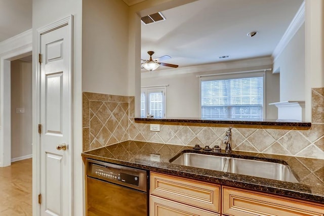 kitchen featuring dishwasher, ornamental molding, a sink, and decorative backsplash