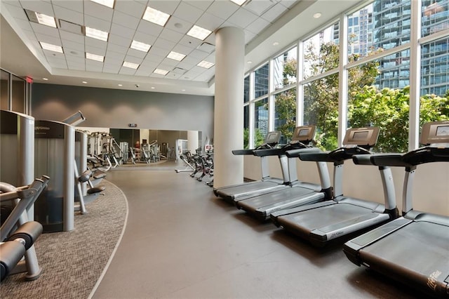 gym with a paneled ceiling, floor to ceiling windows, and a high ceiling