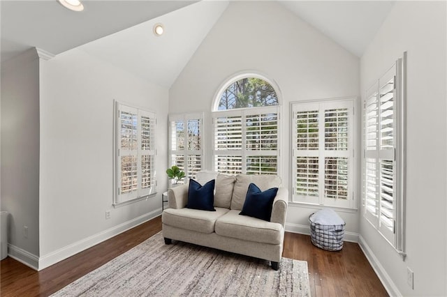 living area featuring high vaulted ceiling, baseboards, wood finished floors, and recessed lighting