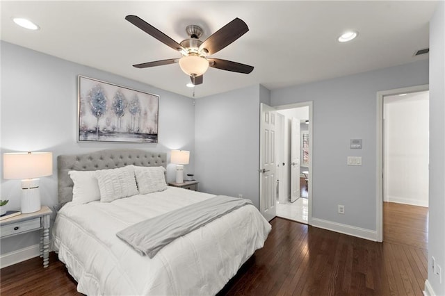 bedroom with recessed lighting, wood-type flooring, visible vents, and baseboards