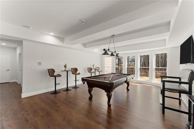 recreation room featuring recessed lighting, billiards, wood finished floors, baseboards, and beam ceiling