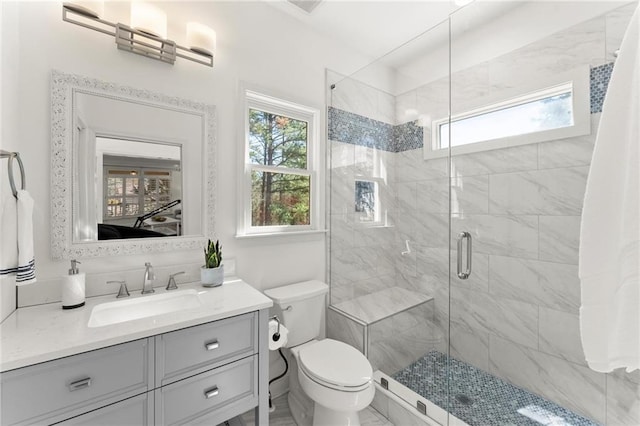 full bathroom with toilet, plenty of natural light, a shower stall, and vanity