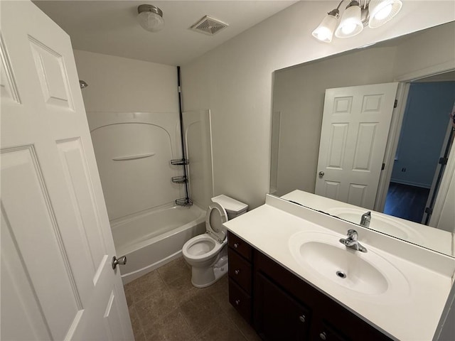 bathroom with vanity, visible vents,  shower combination, tile patterned floors, and toilet