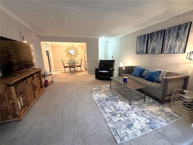 carpeted living room with a textured ceiling and ornamental molding