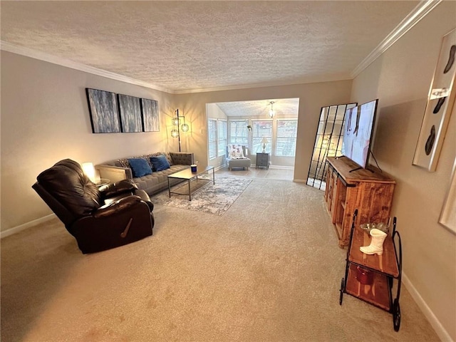 carpeted living room with crown molding and a textured ceiling