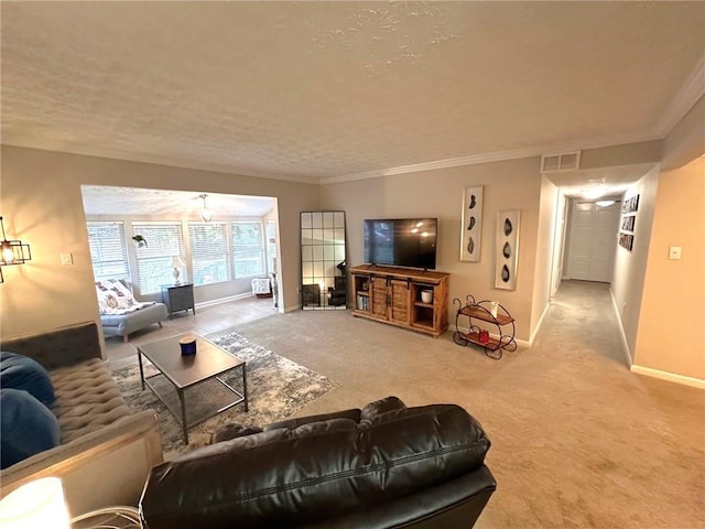 living room with carpet flooring, crown molding, and a textured ceiling