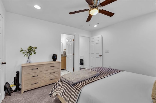 2912 Palm Dr, East Point, GA 30344 - bedroom with light colored carpet, recessed lighting, ensuite bathroom, and a ceiling fan