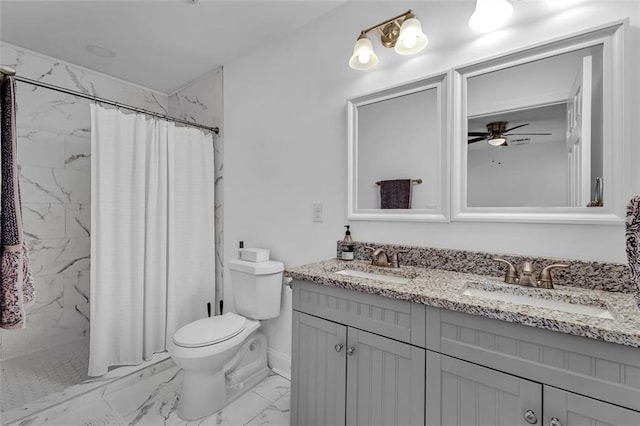 2912 Palm Dr, East Point, GA 30344 - bathroom featuring marble look tile flooring, double vanity, toilet, a ceiling fan, and curtained shower