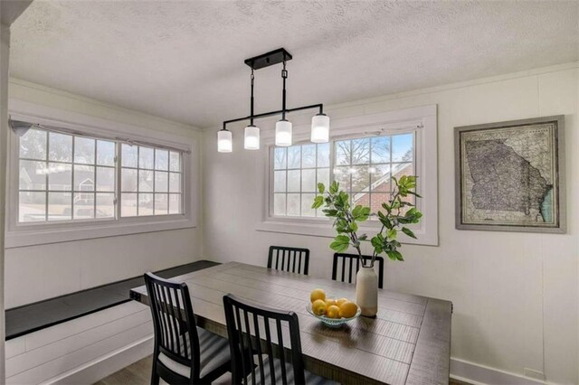 dining room featuring a textured ceiling and dark hardwood / wood-style flooring